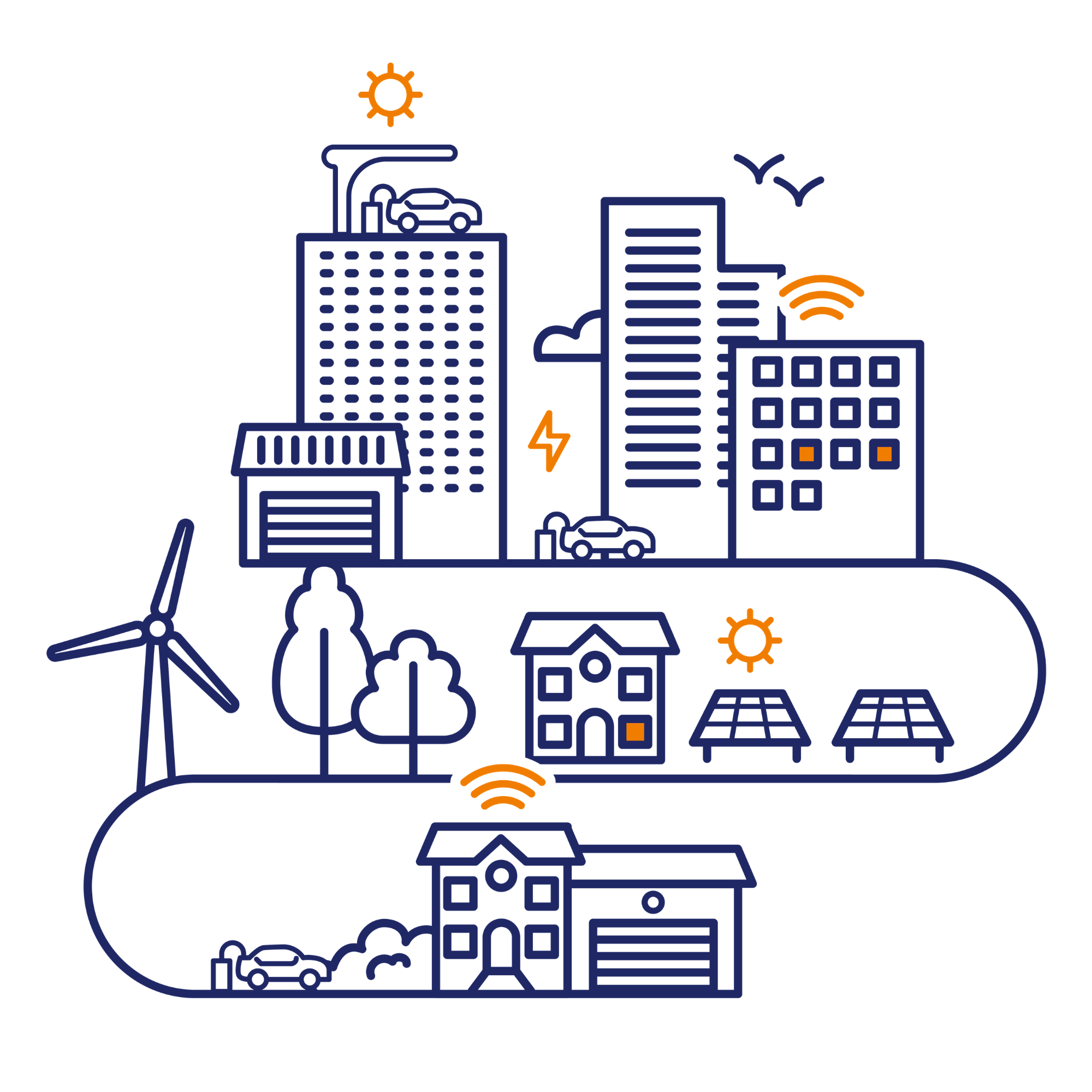 Infographie d'une ville connectée par HAGENUM, intégrateur technique du bâtiment en Île-de-France
